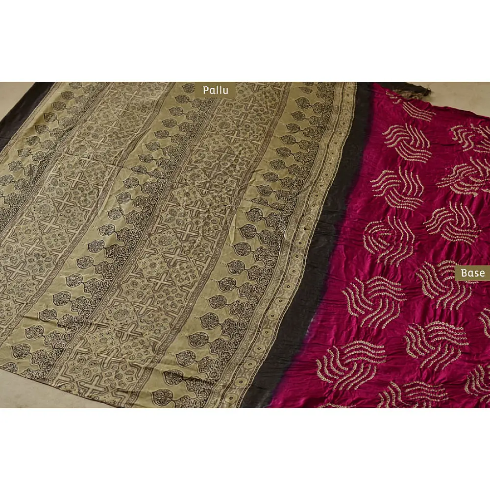 मृणालिनी ☘ Gajji Silk ☘ Ajrakh Bandhani Saree ~ 13