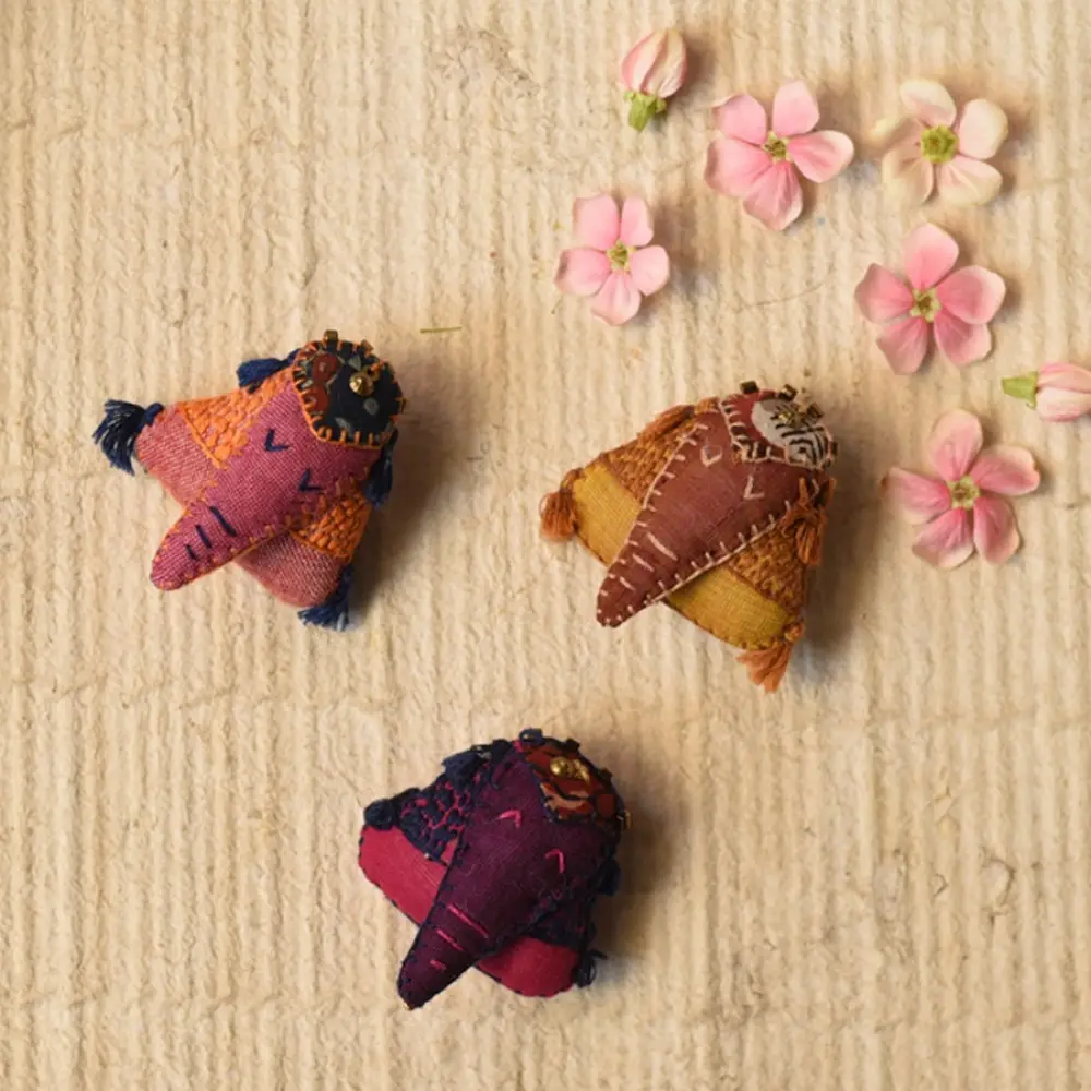 handcrafted gajah elephant fabric brooch pin with kantha embroidery and bead embellishments creative wearable art lapel badge gaatha