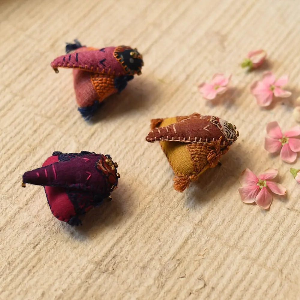 handcrafted gajah elephant fabric brooch pin with kantha embroidery and bead embellishments creative wearable art lapel badge gaatha