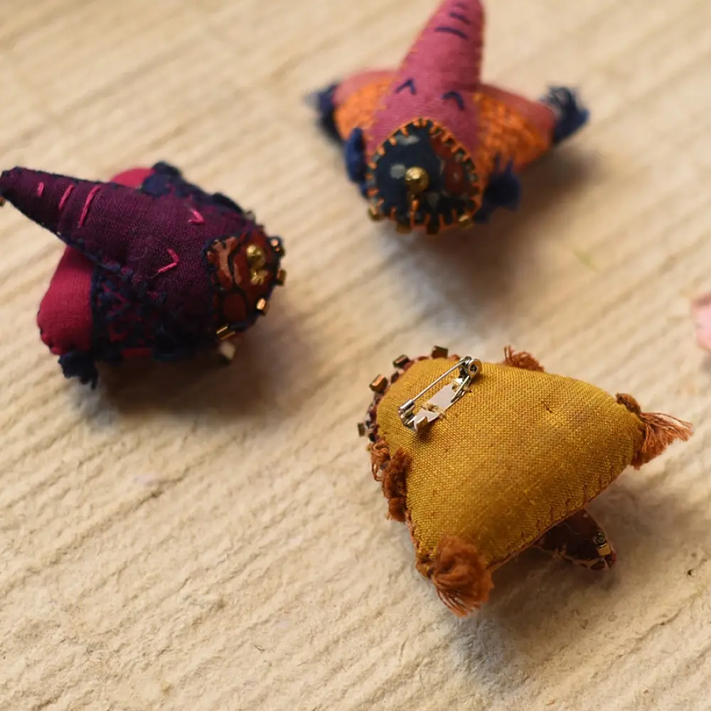 handcrafted gajah elephant fabric brooch pin with kantha embroidery and bead embellishments creative wearable art lapel badge gaatha