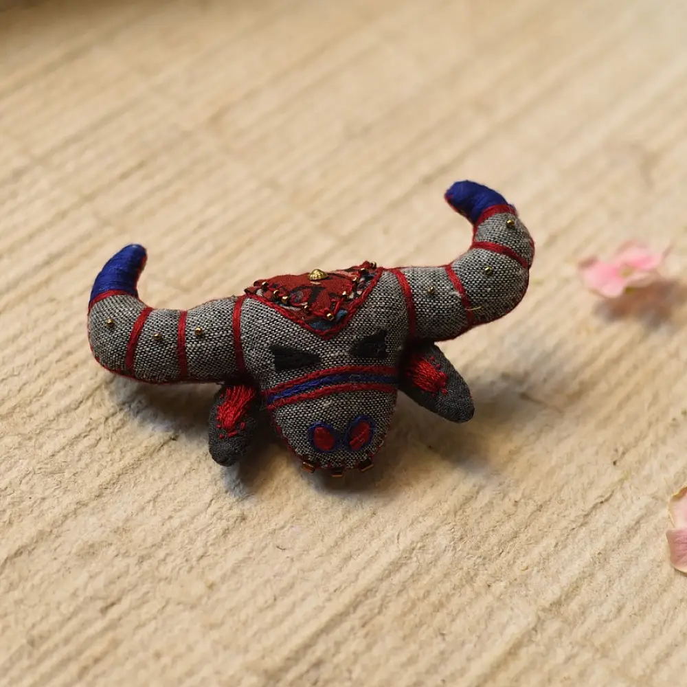 handcrafted bos taurus the bull fabric brooch pin with kantha embroidery and bead embellishments creative wearable art lapel badge gaatha