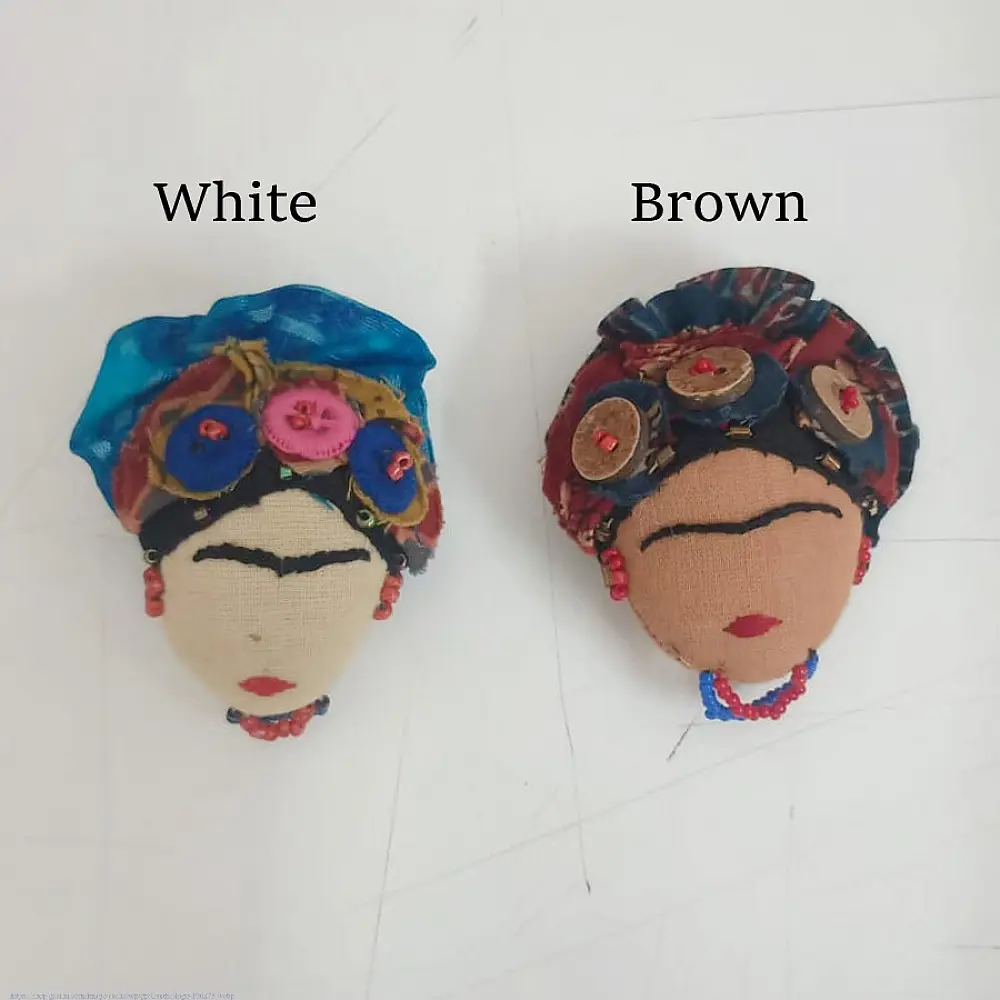 handmade frida kahlo portrait textile brooch pin with oversized upcycled floral hair crown bead details lapel badge gaatha