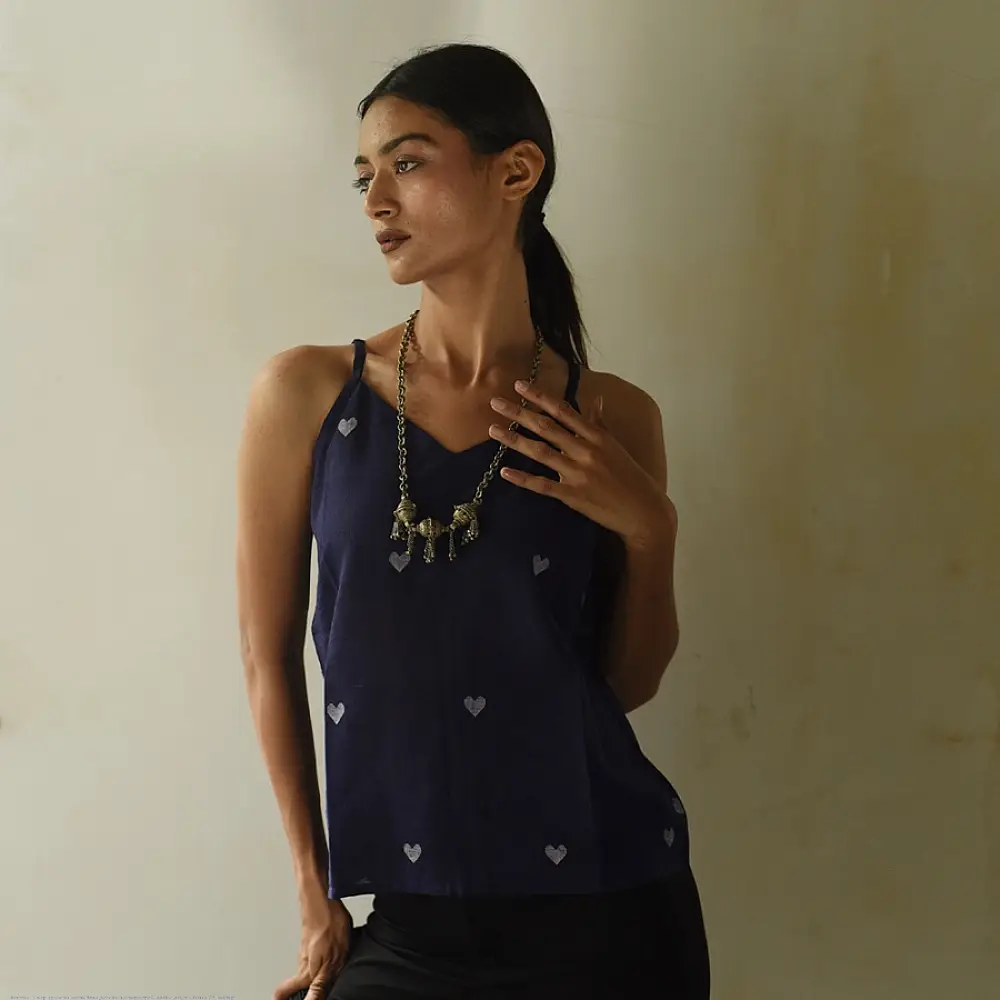 buy Handloom Jamdani Sleeveless Blue Top 