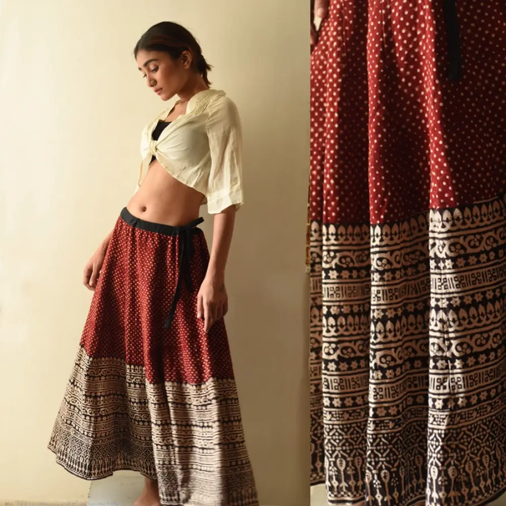 shop Natural Dyed Jawariya Block Printed A-Line Long Skirt