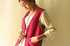 Mashru & Denim Jacket | Reversible - Rani Pink