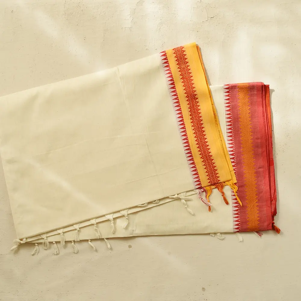 handloom begampuri pure cotton saree in cream off white with red and yellow woven temple borders and tassel fringe   