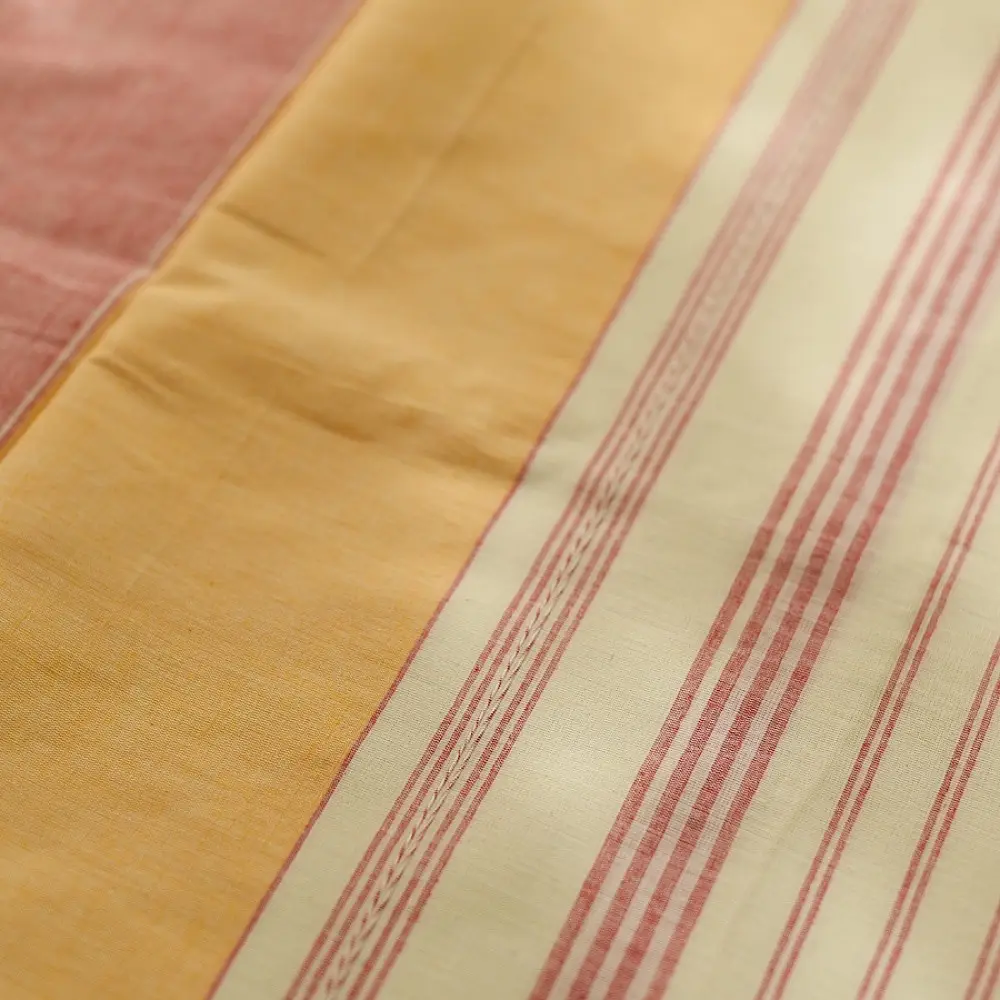 handloom begampuri pure cotton saree in cream off white with red and yellow woven temple borders and tassel fringe   