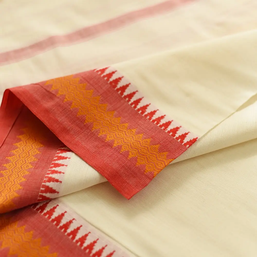 handloom begampuri pure cotton saree in cream off white with red and yellow woven temple borders and tassel fringe   