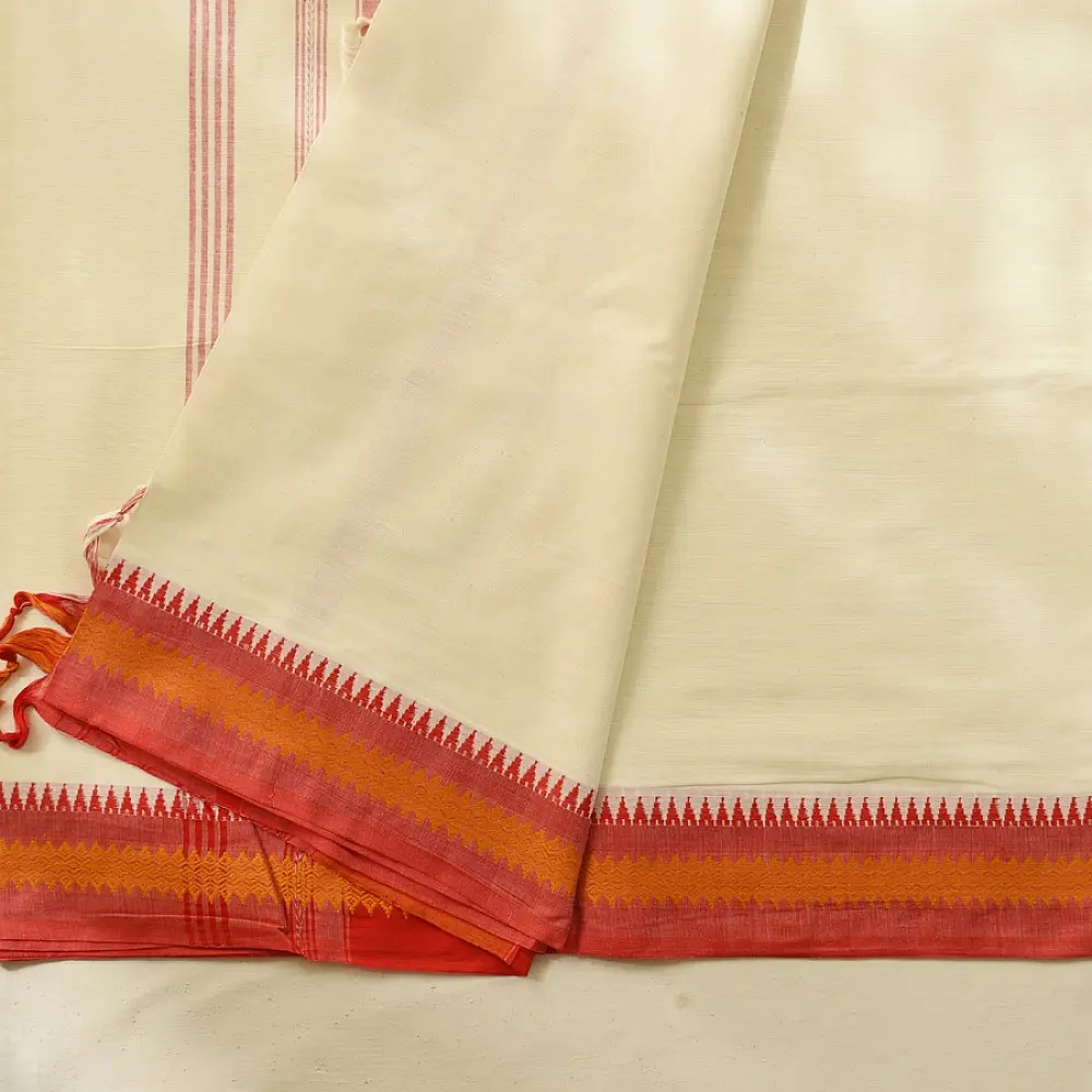handloom begampuri pure cotton saree in cream off white with red and yellow woven temple borders and tassel fringe   