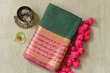 कमला | Handloom Cotton Saree | Zari Border . Forest Green