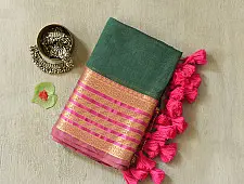कमला | Handloom Cotton Saree | Zari Border . Forest Green