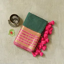 कमला | Handloom Cotton Saree | Zari Border . Forest Green