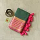 handloom pure cotton saree in deep forest green with contrasting magenta pink striped zari border and handcrafted tassels on pallu