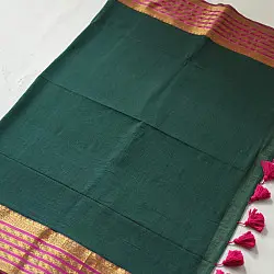 कमला | Handloom Cotton Saree | Zari Border . Forest Green
