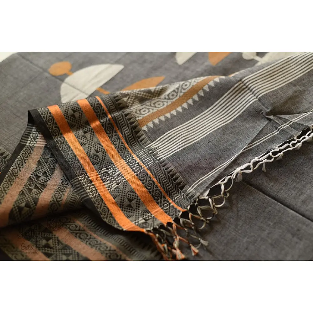 shop Handloom Cotton Grey Saree With Woven Border