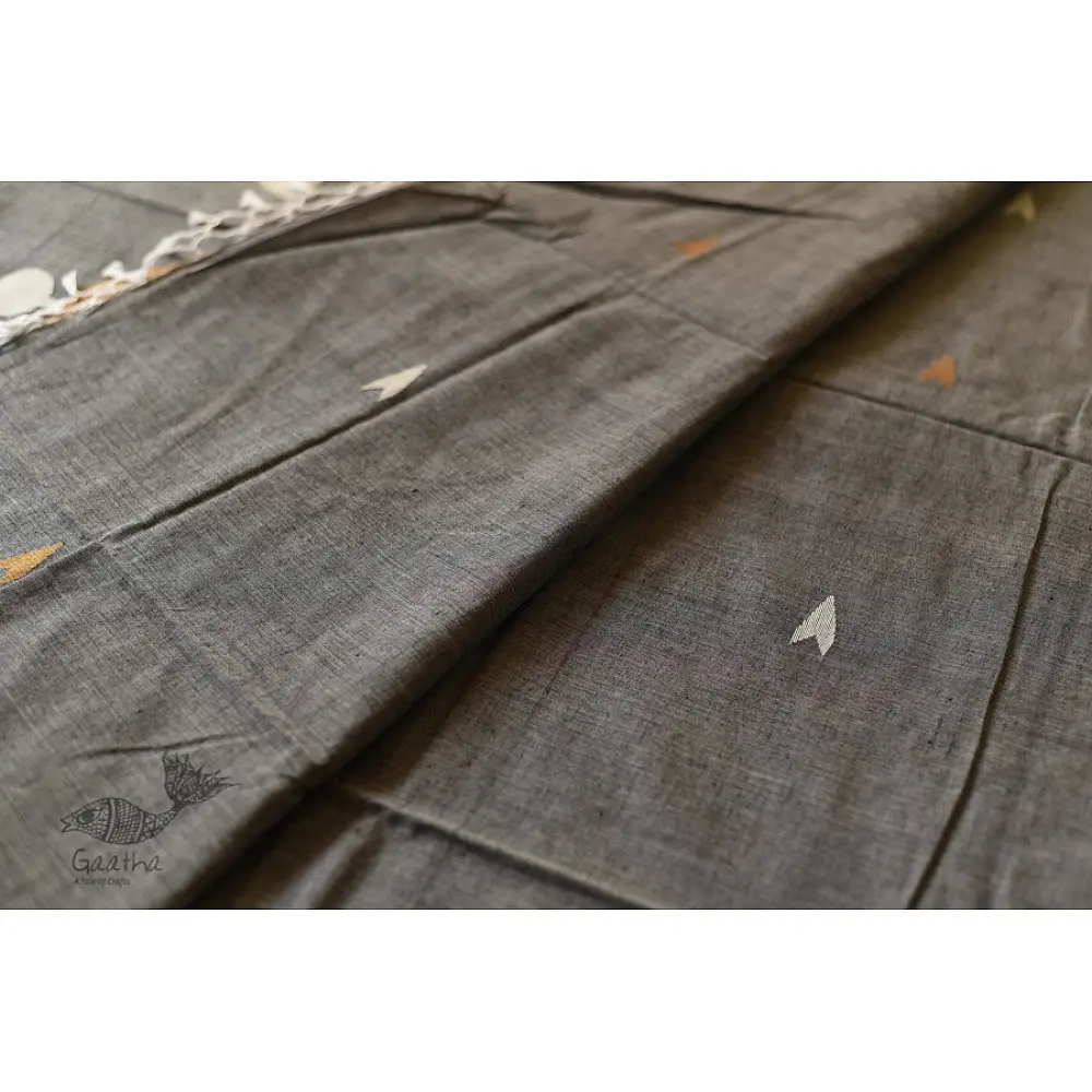 shop Handloom Cotton Grey Saree With Woven Border