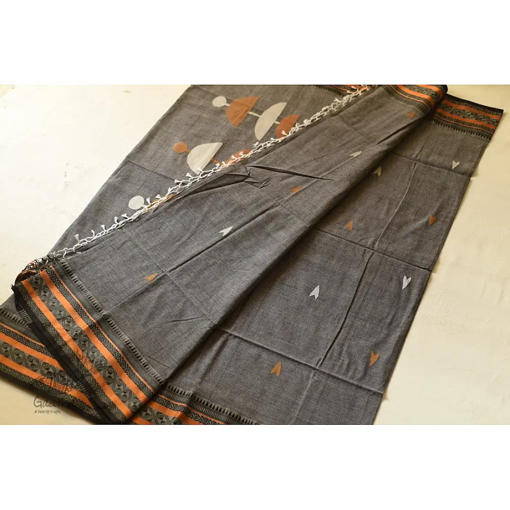 shop Handloom Cotton Grey Saree With Woven Border