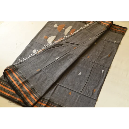 shop Handloom Cotton Grey Saree With Woven Border