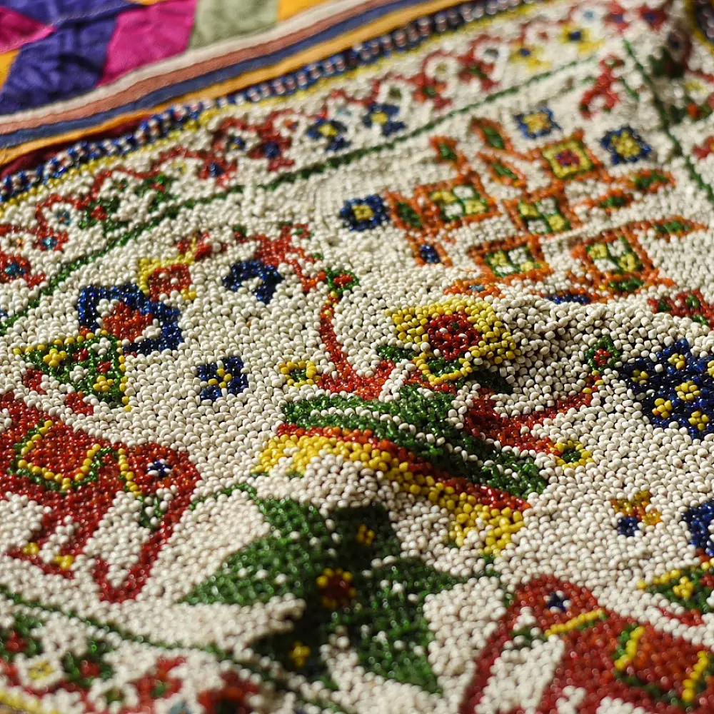 Gujrat Bead Work - Old & Antique Wall Hanging With Geometric Fabric Border - Laxmi
