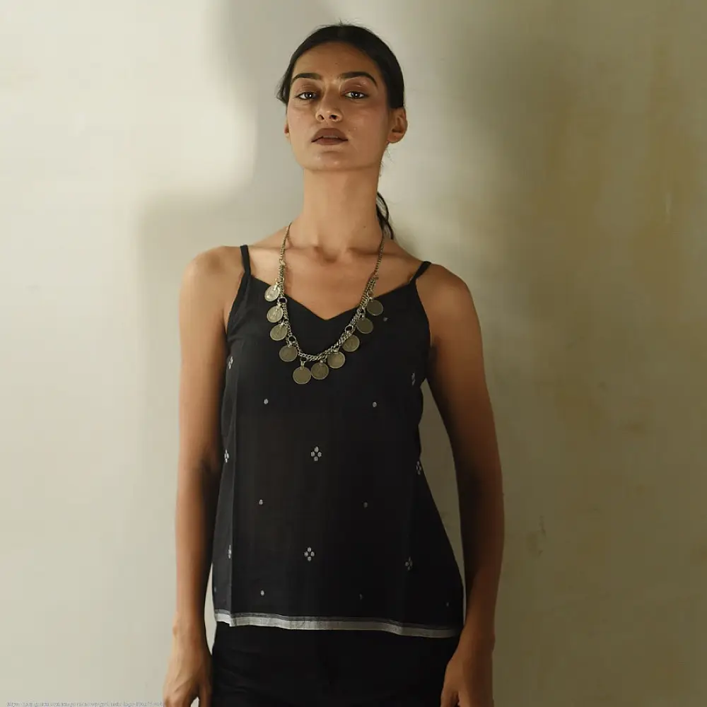 buy Handloom Jamdani Sleeveless Black Top