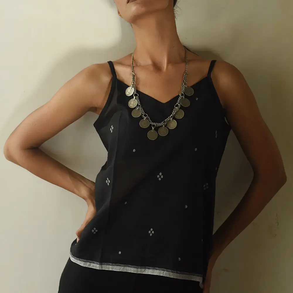 buy Handloom Jamdani Sleeveless Black Top