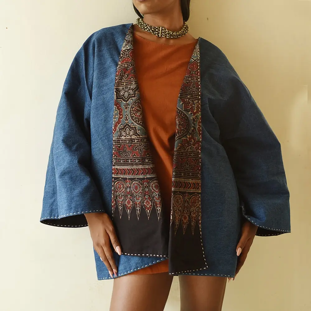 reversible ajrakh hand block printed kimono jacket indigo blue madder red geometric jaal block print solid indigo denim reverse sustainable luxury outerwear artisanal jacket