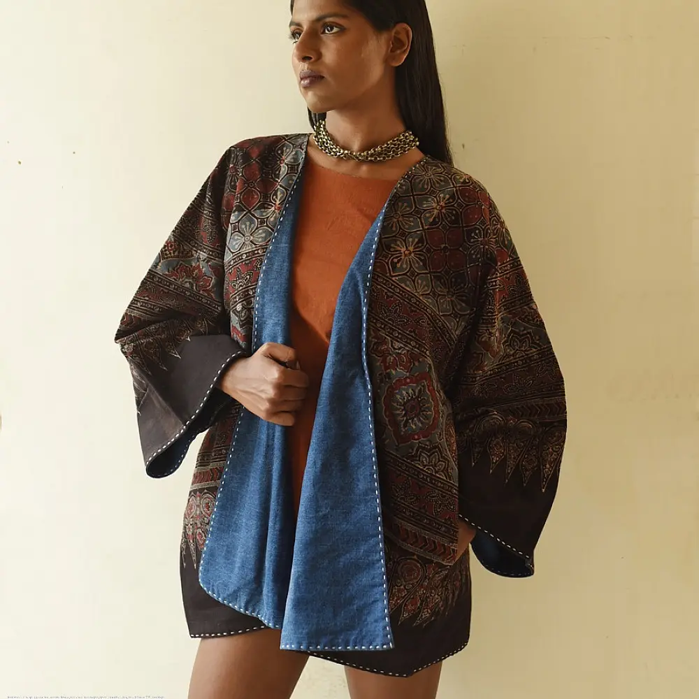 reversible ajrakh hand block printed kimono jacket indigo blue madder red geometric jaal block print solid indigo denim reverse sustainable luxury outerwear artisanal jacket