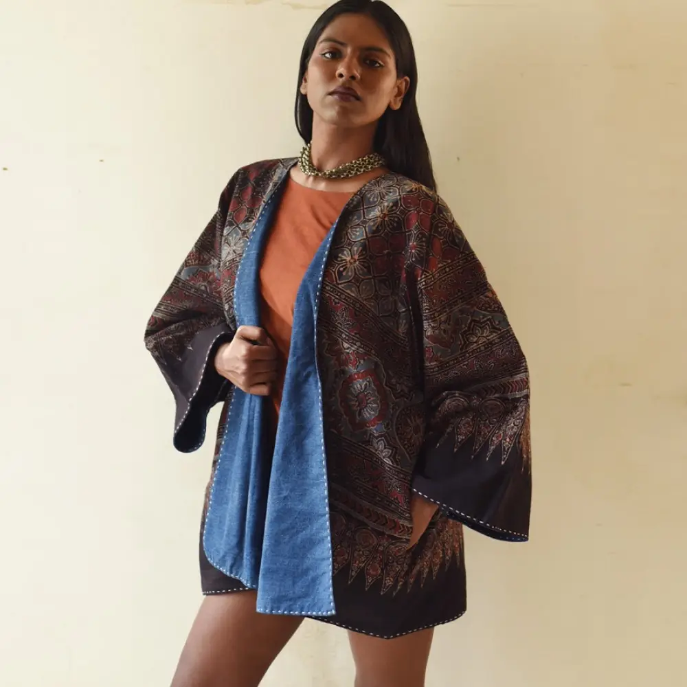 reversible ajrakh hand block printed kimono jacket indigo blue madder red geometric jaal block print solid indigo denim reverse sustainable luxury outerwear artisanal jacket