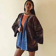 Kimono | Reversible Ajrakh & Denim Cotton Jacket - Black