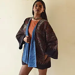 Kimono | Reversible Ajrakh & Denim Cotton Jacket - Black
