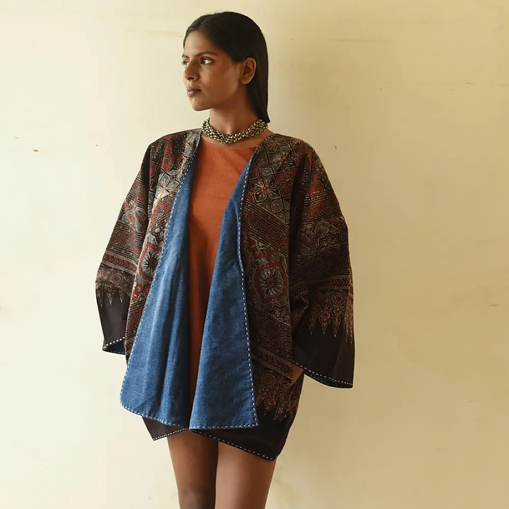 reversible ajrakh hand block printed kimono jacket indigo blue madder red geometric jaal block print solid indigo denim reverse sustainable luxury outerwear artisanal jacket