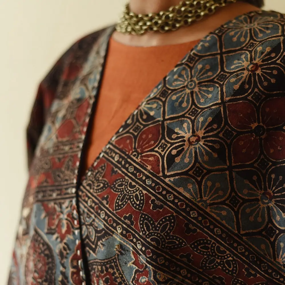 reversible ajrakh hand block printed kimono jacket indigo blue madder red geometric jaal block print solid indigo denim reverse sustainable luxury outerwear artisanal jacket