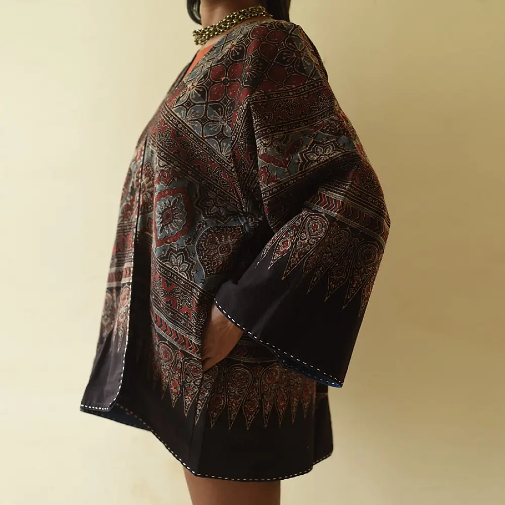 reversible ajrakh hand block printed kimono jacket indigo blue madder red geometric jaal block print solid indigo denim reverse sustainable luxury outerwear artisanal jacket