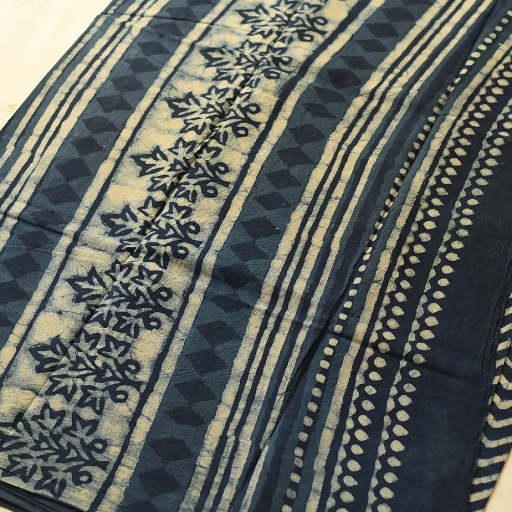 Exclusive Block Printed Cotton Dabu ~ Indigo Zig zag Saree