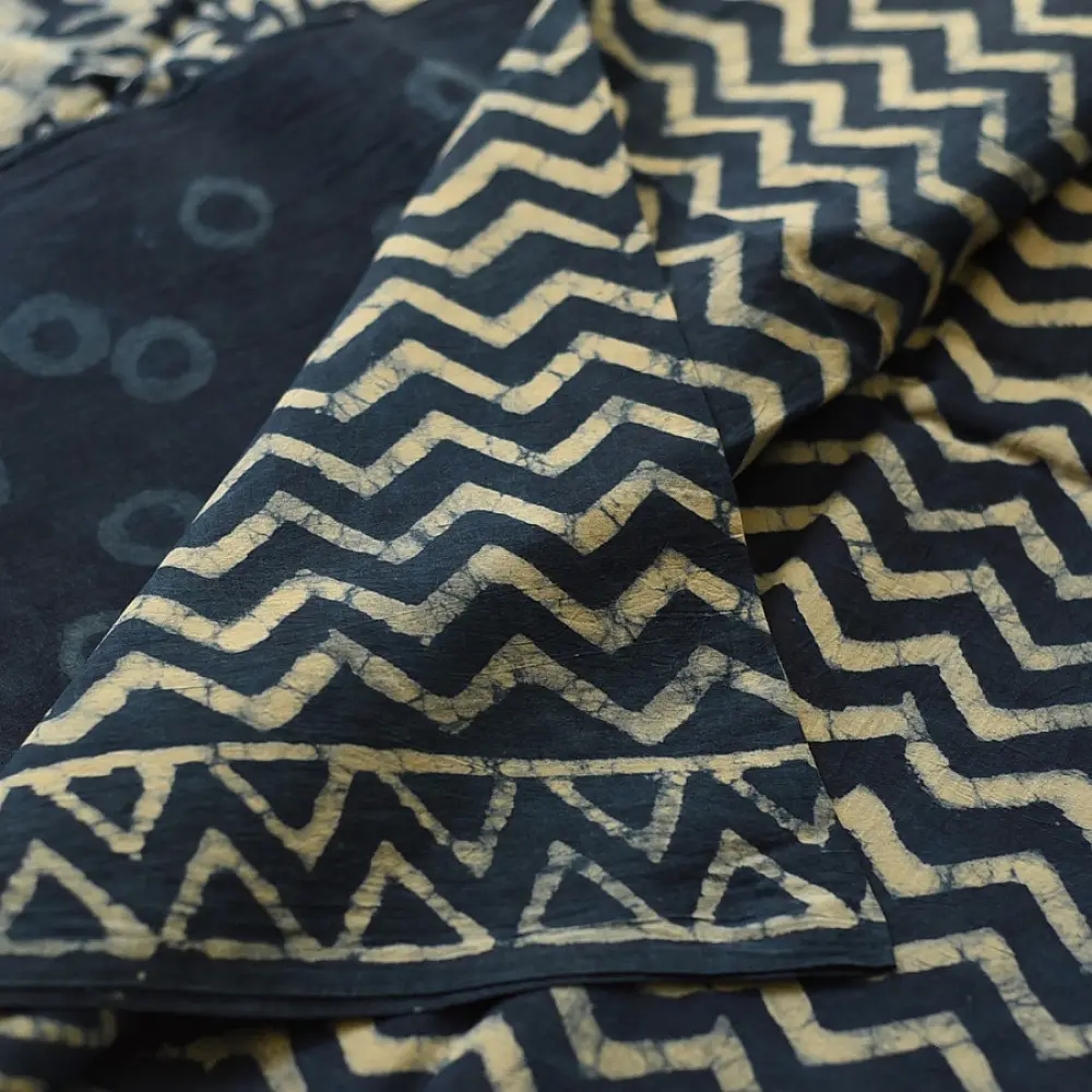 Exclusive Block Printed Cotton Dabu ~ Indigo Zig zag Saree