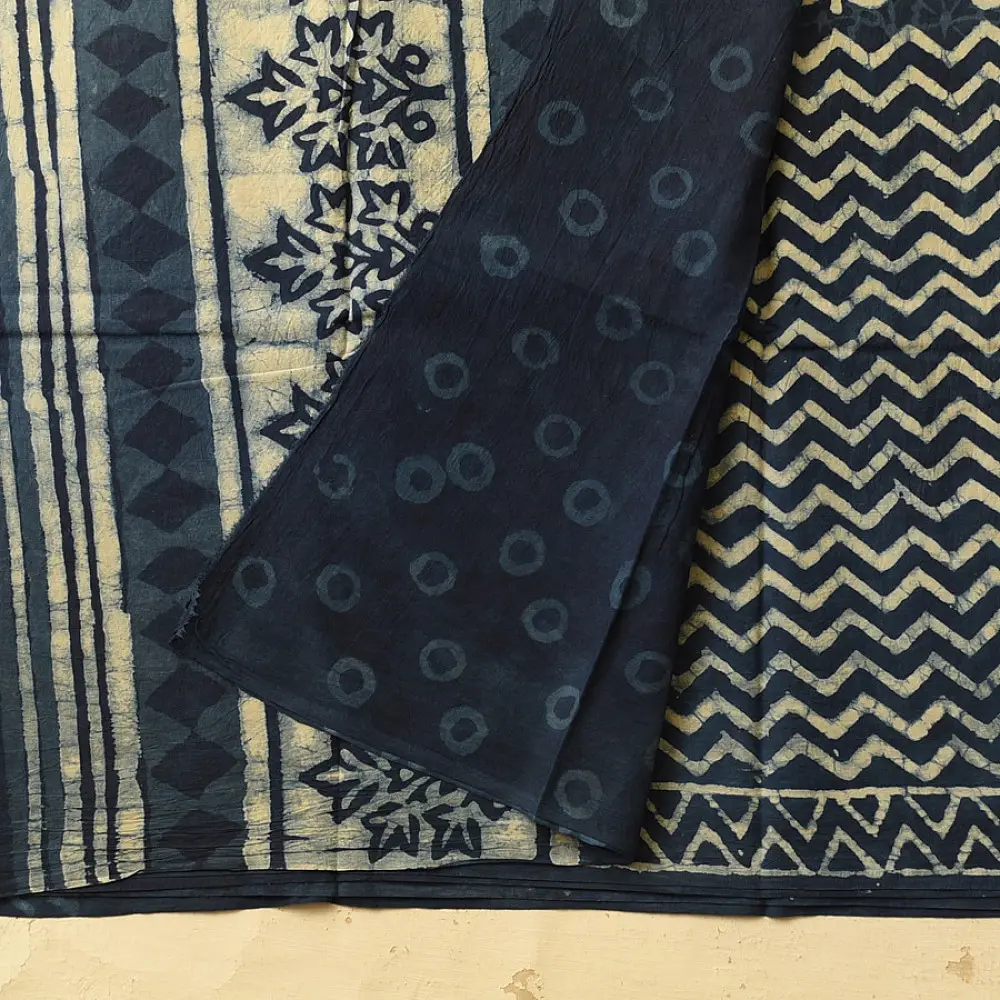 Exclusive Block Printed Cotton Dabu ~ Indigo Zig zag Saree