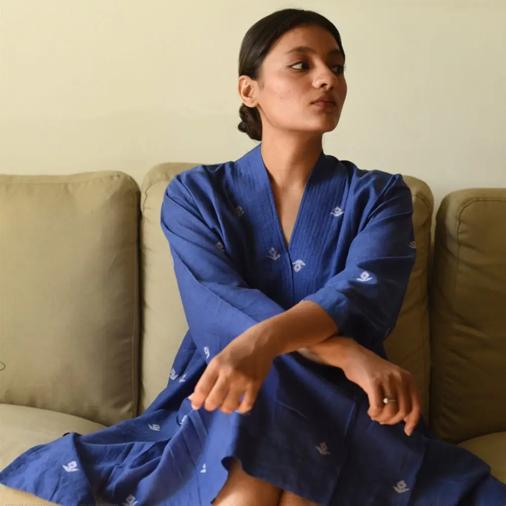 shop Jamdani - Handloom Cotton Blue Dress