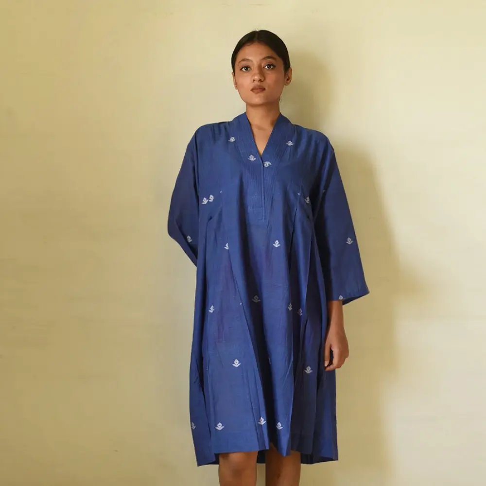 shop Jamdani - Handloom Cotton Blue Dress