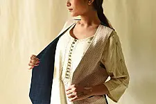 Mashru & Denim Jacket | Reversible - Off White With Red Dots