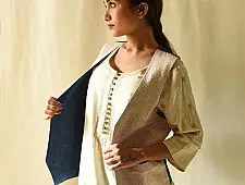 Mashru & Denim Jacket | Reversible - Off White With Red Dots