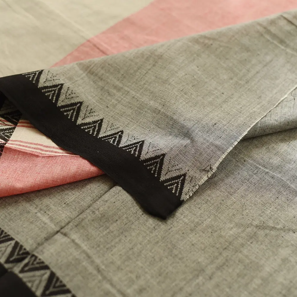 handloom begampuri pure cotton saree in natural grey with bright red and black woven temple borders   