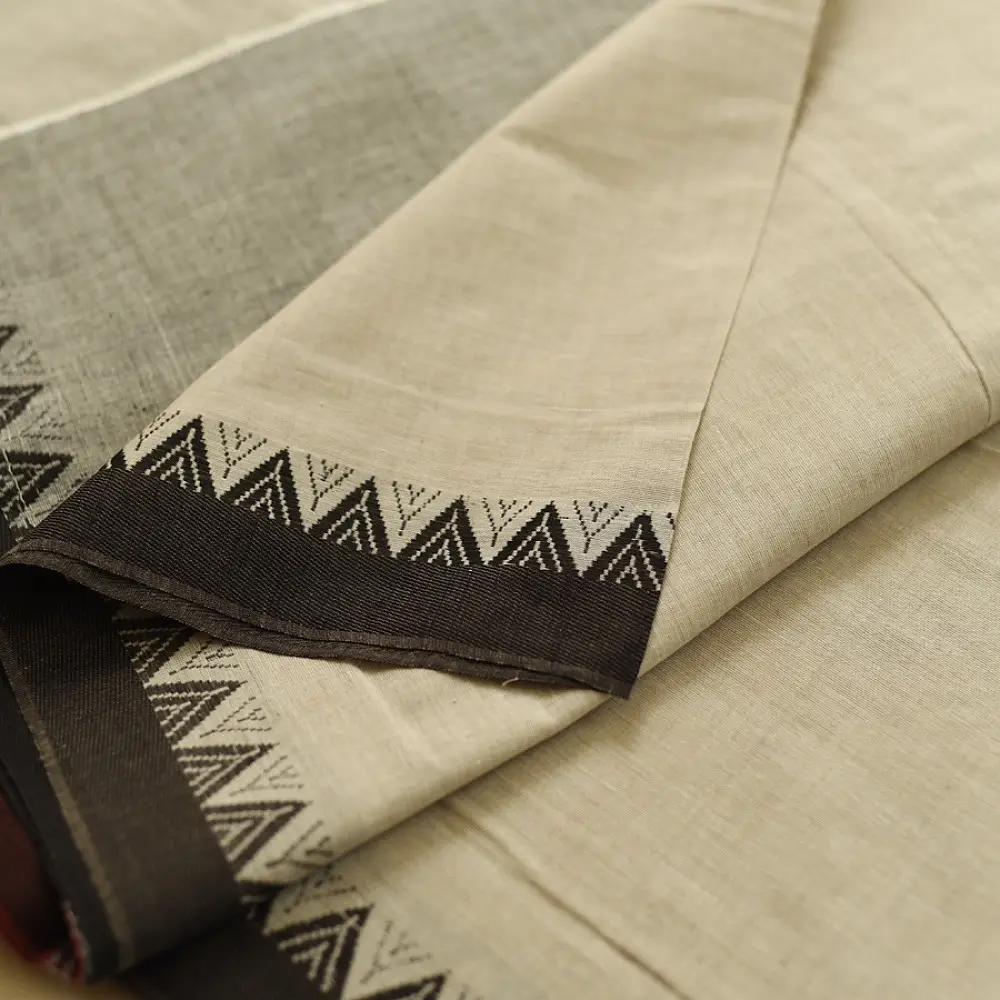 handloom begampuri pure cotton saree in natural grey with bright red and black woven temple borders   