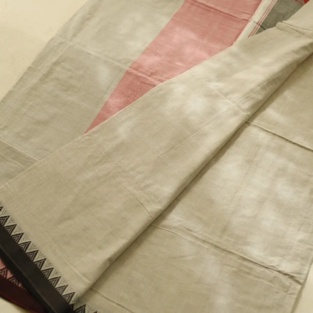 handloom begampuri pure cotton saree in natural grey with bright red and black woven temple borders   