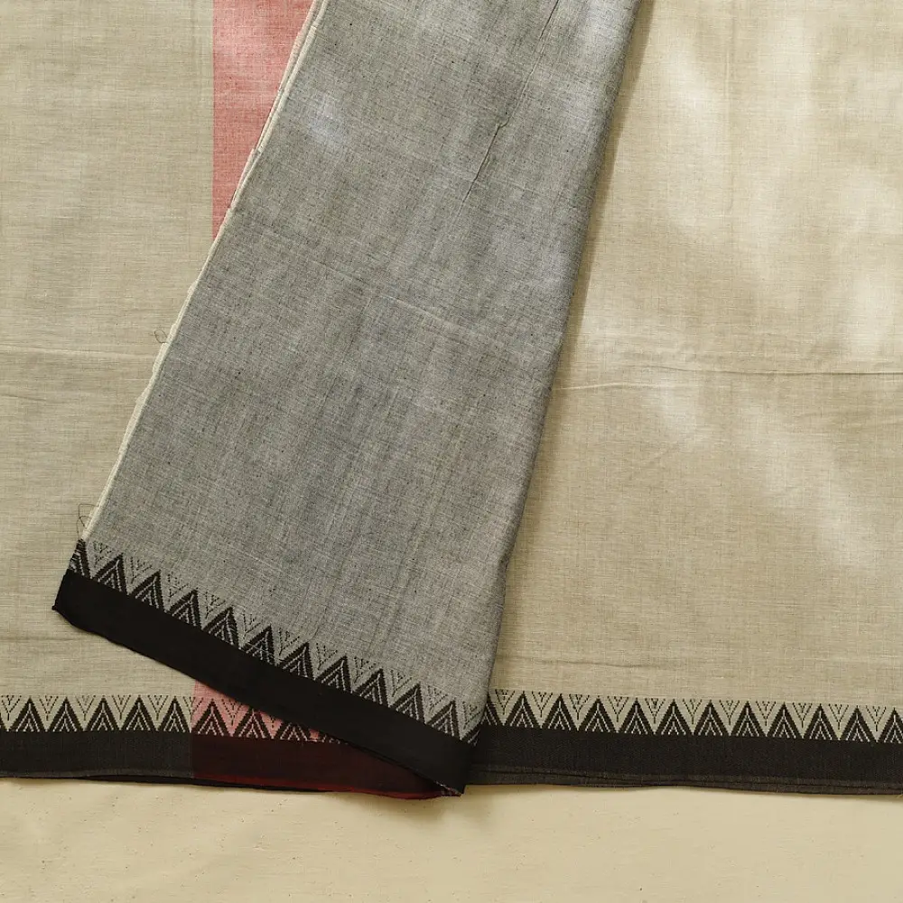 handloom begampuri pure cotton saree in natural grey with bright red and black woven temple borders   