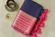 	कमला | Handloom Cotton Saree | Zari Border . Ink blue