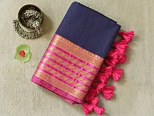 	कमला | Handloom Cotton Saree | Zari Border . Ink blue