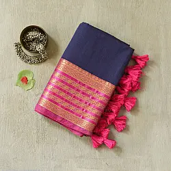 	कमला | Handloom Cotton Saree | Zari Border . Ink blue