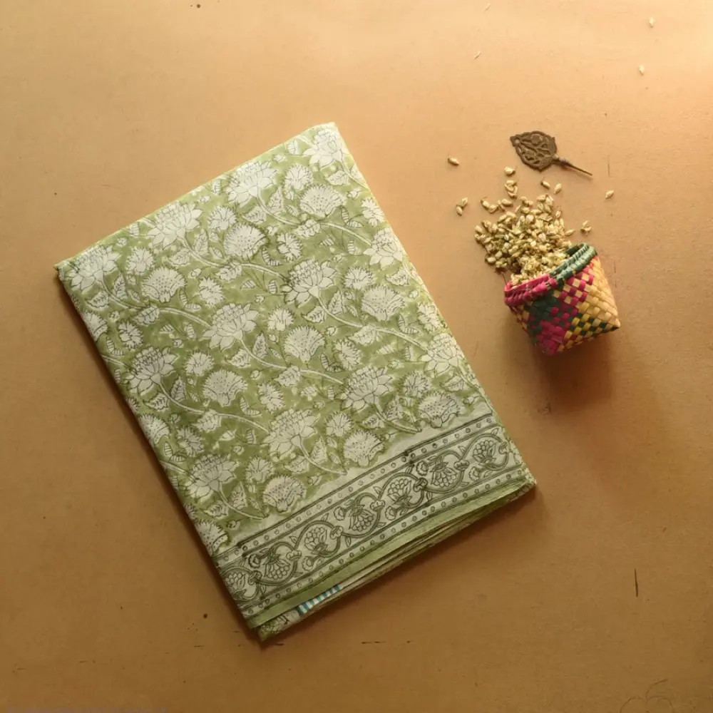shop Bagru Printed Cotton - Flower Motif Saree