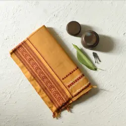 Sadaa . सदा ✡ Begampuri Cotton Yellow Saree With Red Woven Border