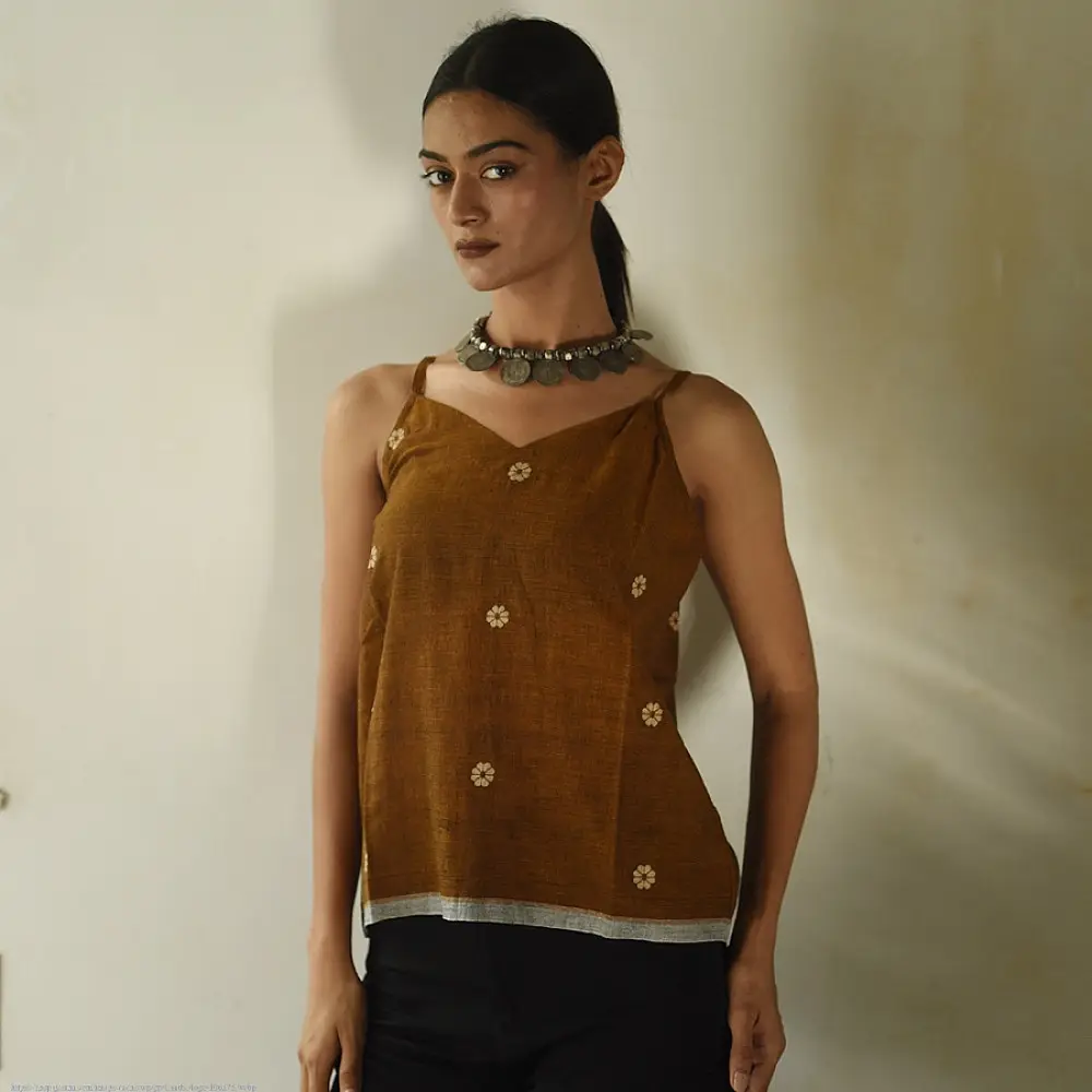 buy Handloom Jamdani Sleeveless Brown Top